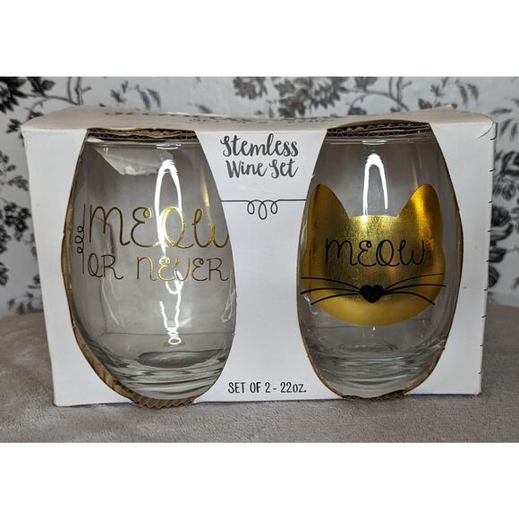 NWT Meow Or Never Gold Black Cat Kitten Stemless Wine Glass Set 22 oz - Picture 2 of 6